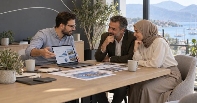 Anafor danışmanı Fethiye'deki ofiste iki işletme sahibine dijital pazarlama planını anlatıyor