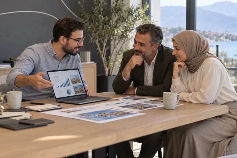 Anafor danışmanı Fethiye'deki ofiste iki işletme sahibine dijital pazarlama planını anlatıyor